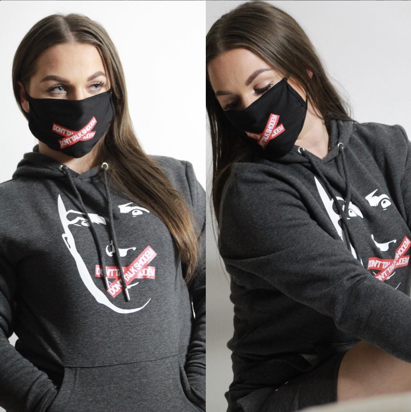 Donttalkshodem — Crossed wordmark and face artwork on a hoodie and mask