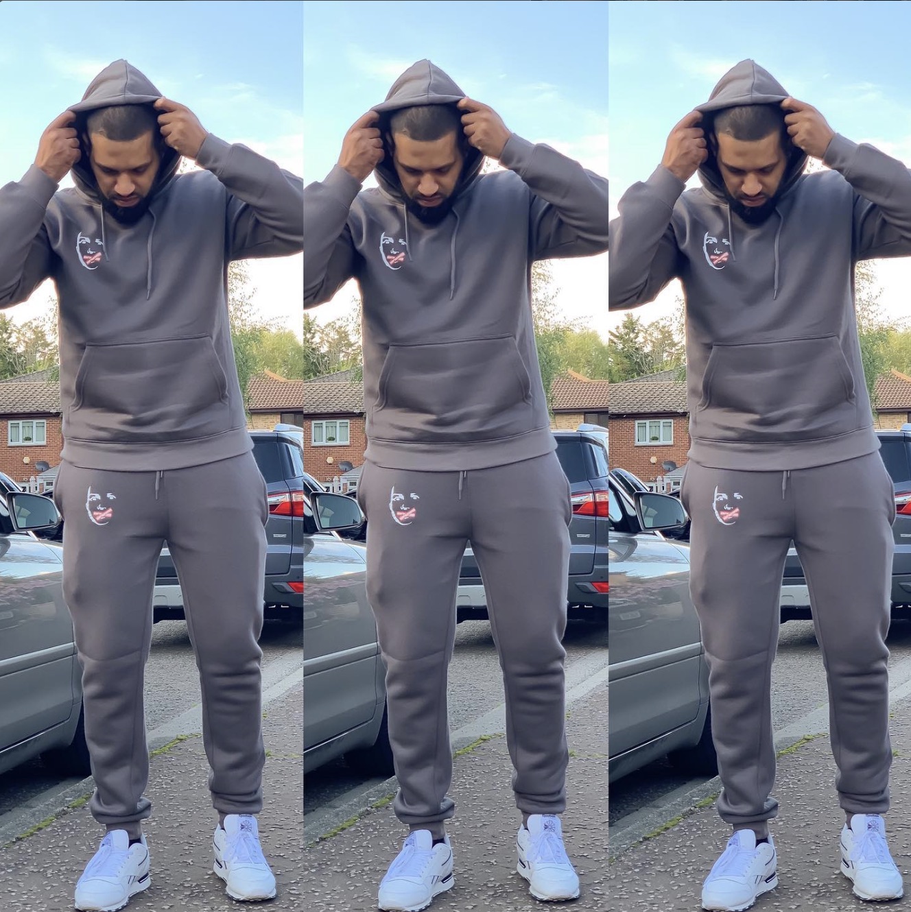 Donttalkshodem — Coordinated face graphics on a grey tracksuit