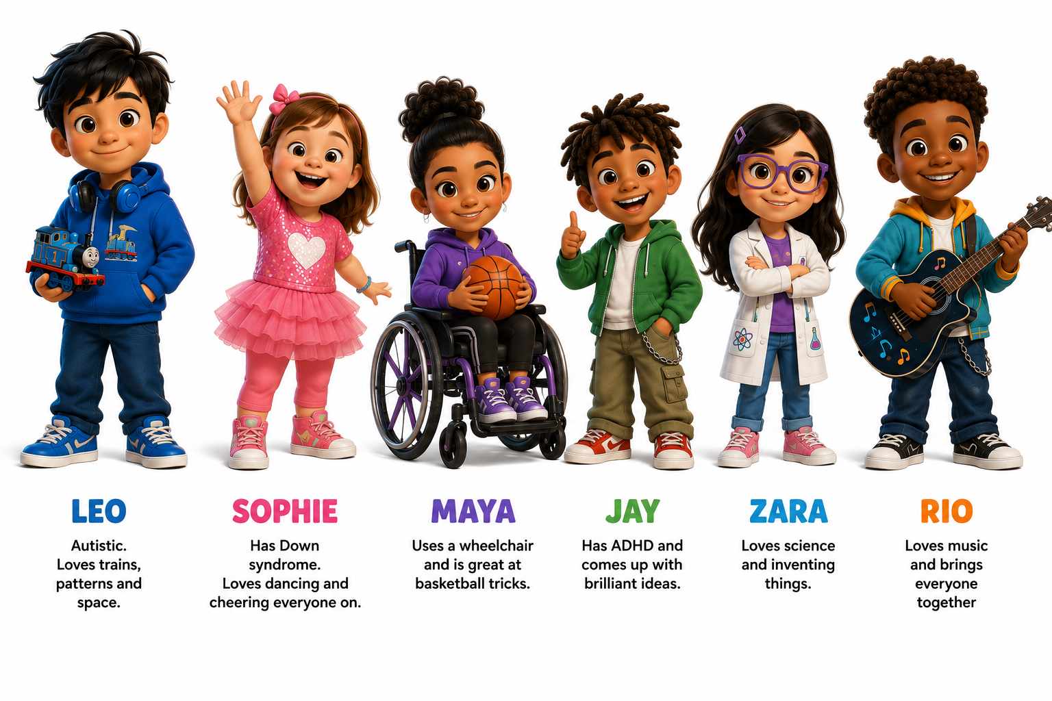 The Learning Tribe — Character lineup: Leo, Sophie, Maya, Jay, Zara and Rio