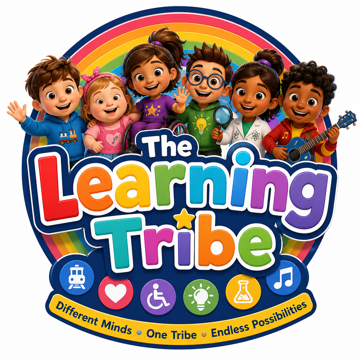 The Learning Tribe — Rainbow logo and character composition